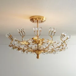 Vienna Full Spectrum Brielle Modern Ceiling Light Semi Flush Mount Fixture 18 1/2" Wide Brass Vine Leaf 4-Light Clear Crystal Glass For Bedroom House