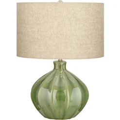 360 Lighting Gordy Modern Accent Table Lamp Handcrafted 20 1/2" High Ribbed Green Ceramic Oatmeal Fabric Drum Shade For Bedroom Living Room Bedside -Floor Lamps Store GUEST f539eafe 195b 44c5 b549 350aebf22147